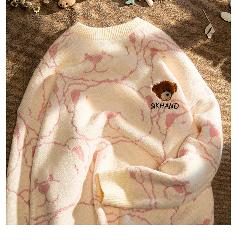 Men Sweaters Little Bear Sweater Mens Autumn Winter Lazy Style Retro Soft Glutinous Gentle Cute Student Milk Pink Knitted Sweater Mens crew neck sweat