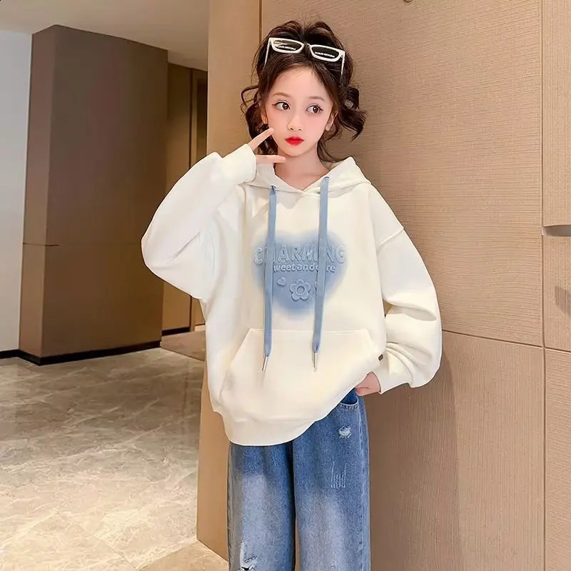 Autumn Winter Heart Girls Clothing Hooded White Sportswear Baby T-shirt Dress Teenage Childrens Princess 6 7 8 9 10 11 12 Years Old 240905