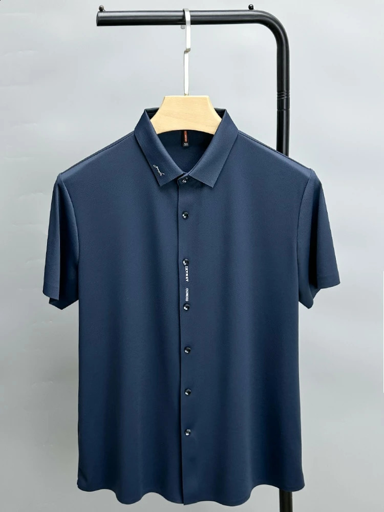 High end ice silk seamless breathable short sleeve Tshirt mens lapel summer trend letter embroidery casual polo shirt 240911