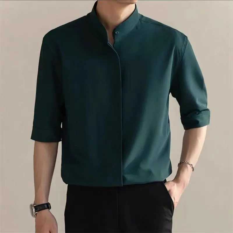 Mens stand up collar floral shirt with retro casual buttons and half sleeves mens casual solid color luxury clothing W240911