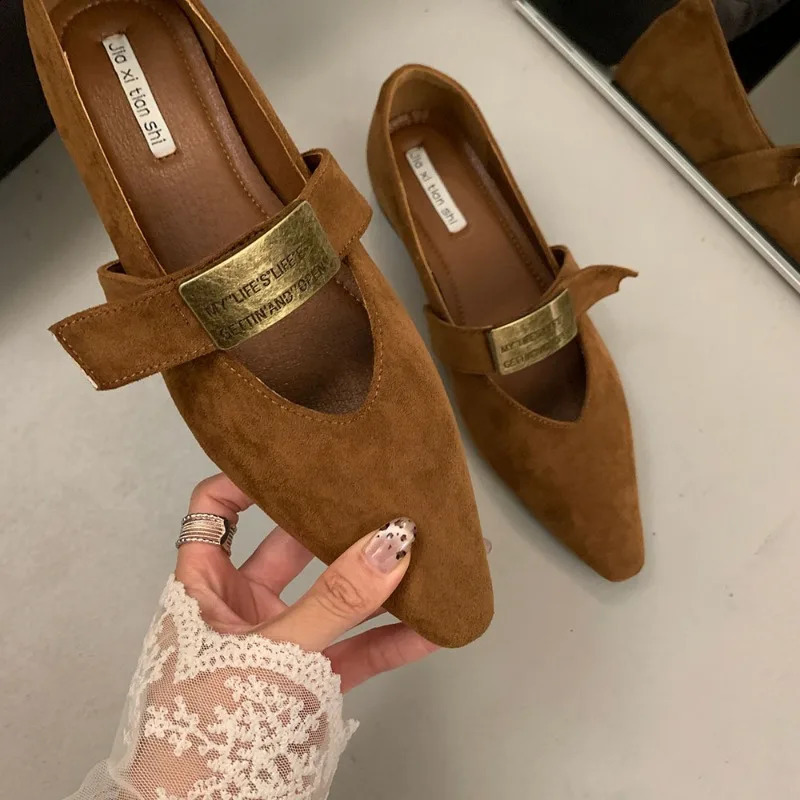 Retro Mary Janes Shoes Women Suede Heels Trend Pointed Toe Wedges Autumn Casual Shoes Elegant Dress Zapatos Mujer 240912