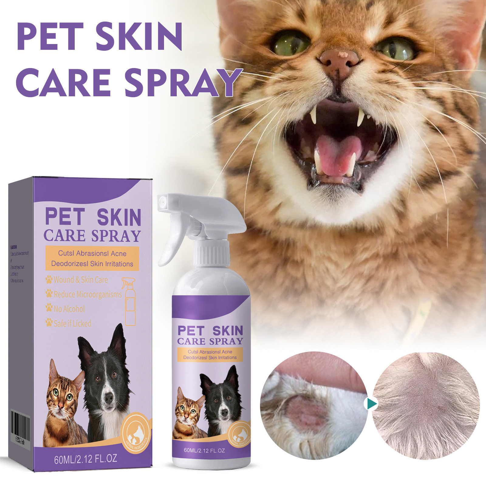 2024 New Pet Relieving Skin Spray Relieving Dog And Cat Skin Itching Removing Mites Relieving Itching Cleaning 60ml