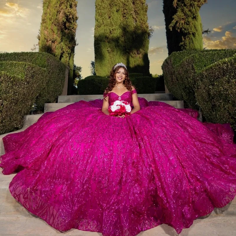 Rose Glitter Red Quinceanera Dresses Ball Gown Off The Shoulder Sequin Lace Applique Beaded Bow Tull Mexican Sweet Dress Vestidos De Anos