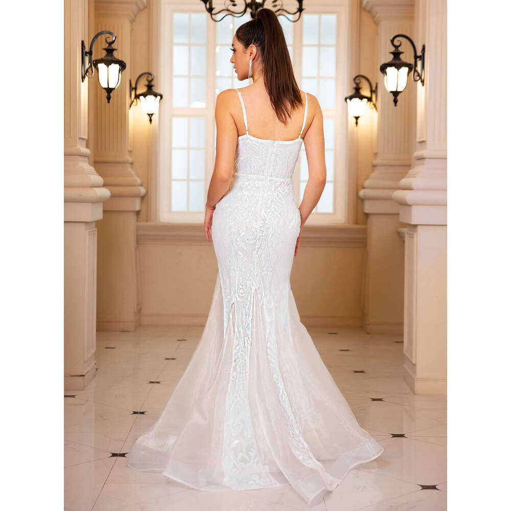 Sleeveless V Neck Sequined Mermaid White Party Dress Backless Or Length Evening Prom Gown