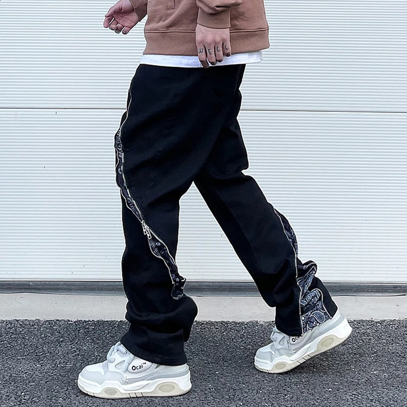 Curve Zipper Cashew Print Patchwork Jeans for Men Straight Black White Y2K Streetwear Casual Baggy Denim Trousers Oversized 240909