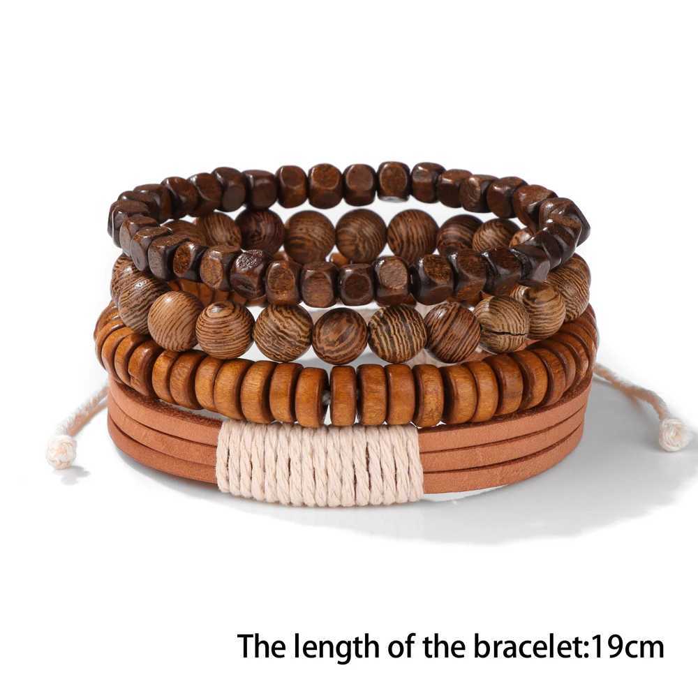 Men Multilayer Wooden Bead Bracelet Handmade Vintage Brown Leather Rope Bracelet 2024 New Ethnic Wristbands Bangle Jewelry GiftX240912