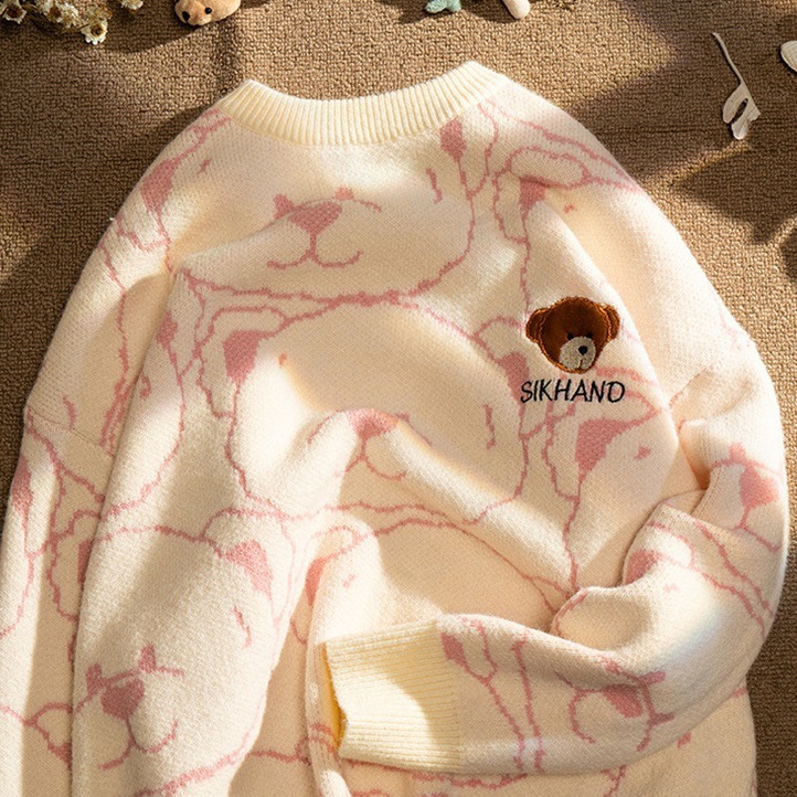 Men Sweaters Little Bear Sweater Mens Autumn Winter Lazy Style Retro Soft Glutinous Gentle Cute Student Milk Pink Knitted Sweater Mens crew neck sweat