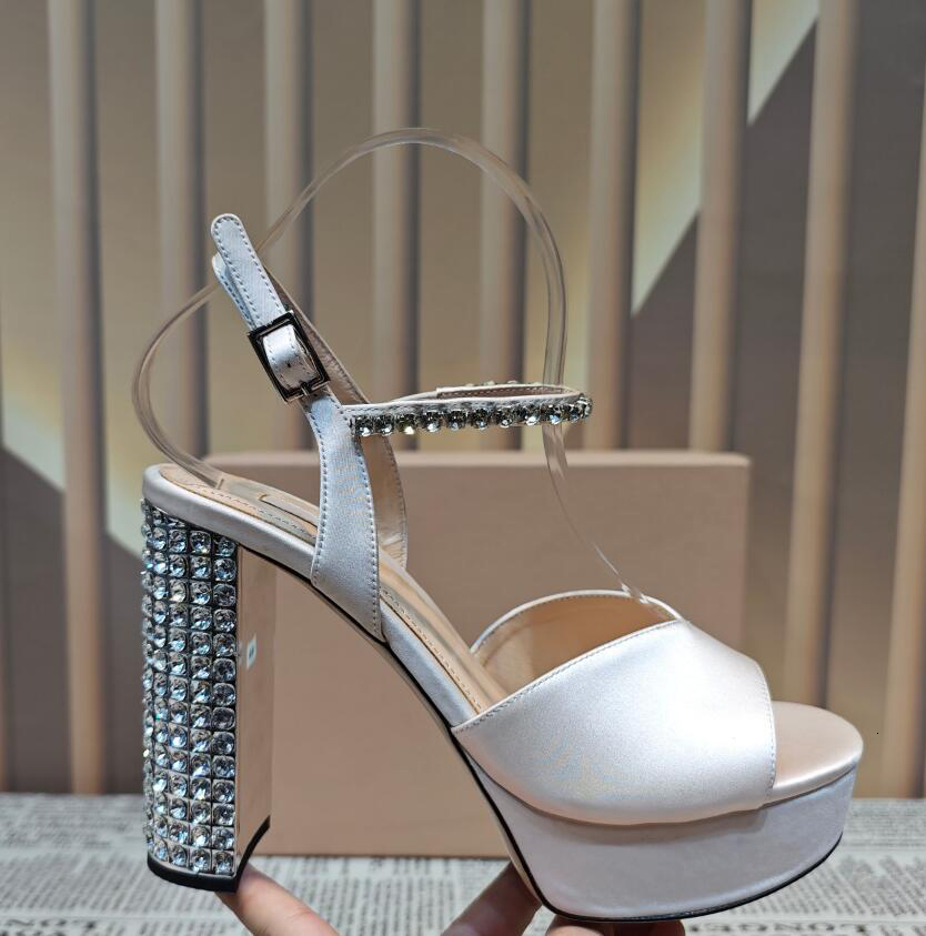 Bg Crystal Chunky Heel Women Summer Sandal Shoes Gold Sier Rhie Ankle Strap Cross-Straps Platform Wedding Shoe