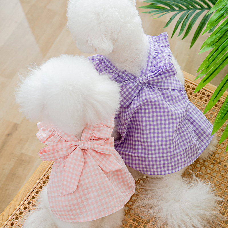 Summer Clothes Puppy Plaid Suspender Skirt Dress Pet Costume Chihuahua Bichon Yorkie Clothing Pink Dog Bow Vest Free shipping