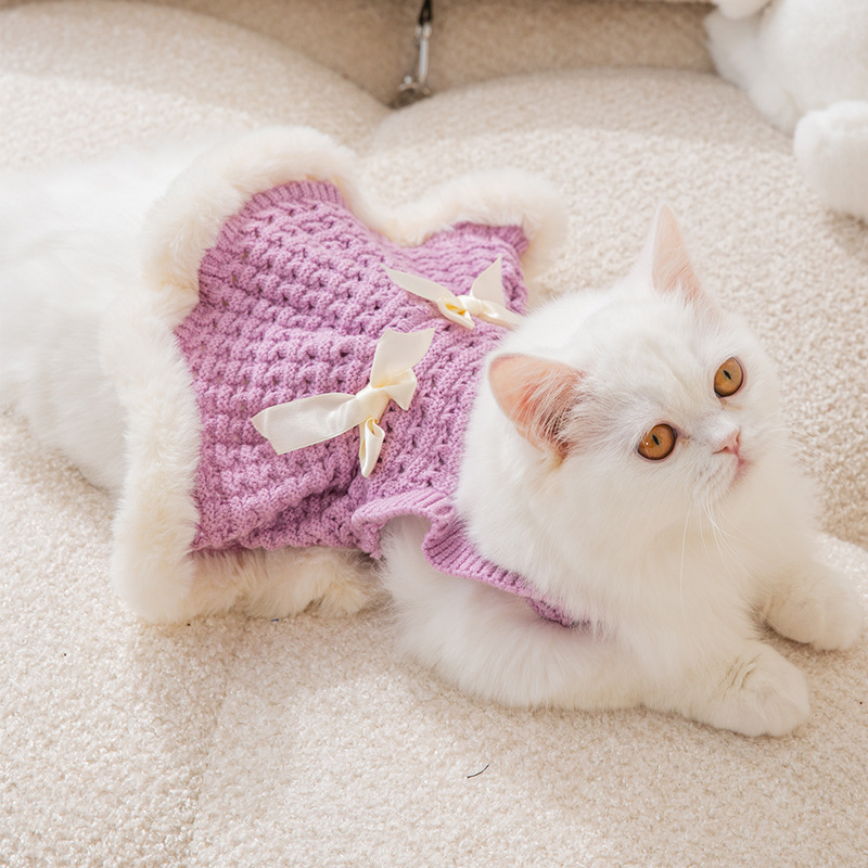 Elegant style bow cat clothing raw edge hollow sweater autumn puppy dress warm pet clothes