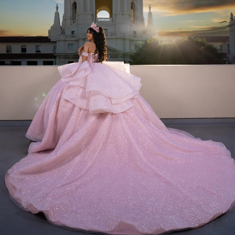 Pink Shiny Quinceanera Dresses 2024 Sweet 15 16 Beads Tull Tiered Birthday Party Gown Vestidos Para XV Princess Miss Page