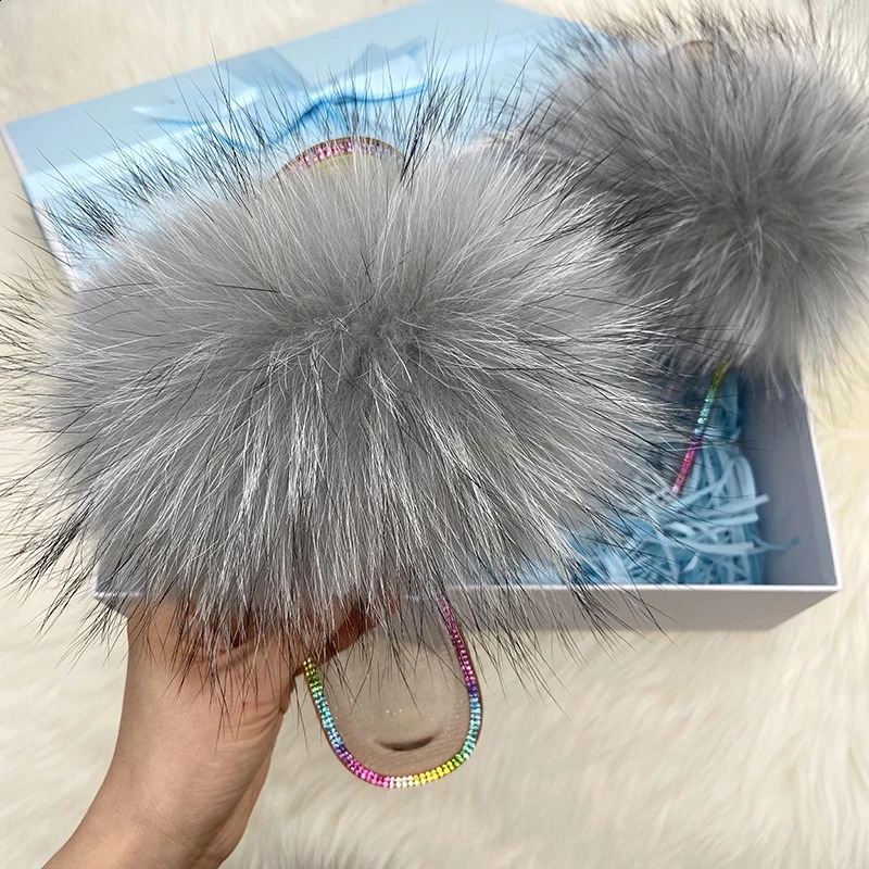 100% Natural Raccoon Fur Furry Slippers Crystal Flats Plush Slides Real Fox Fur Sandals Ladies Transparent Jelly Slipper 240910