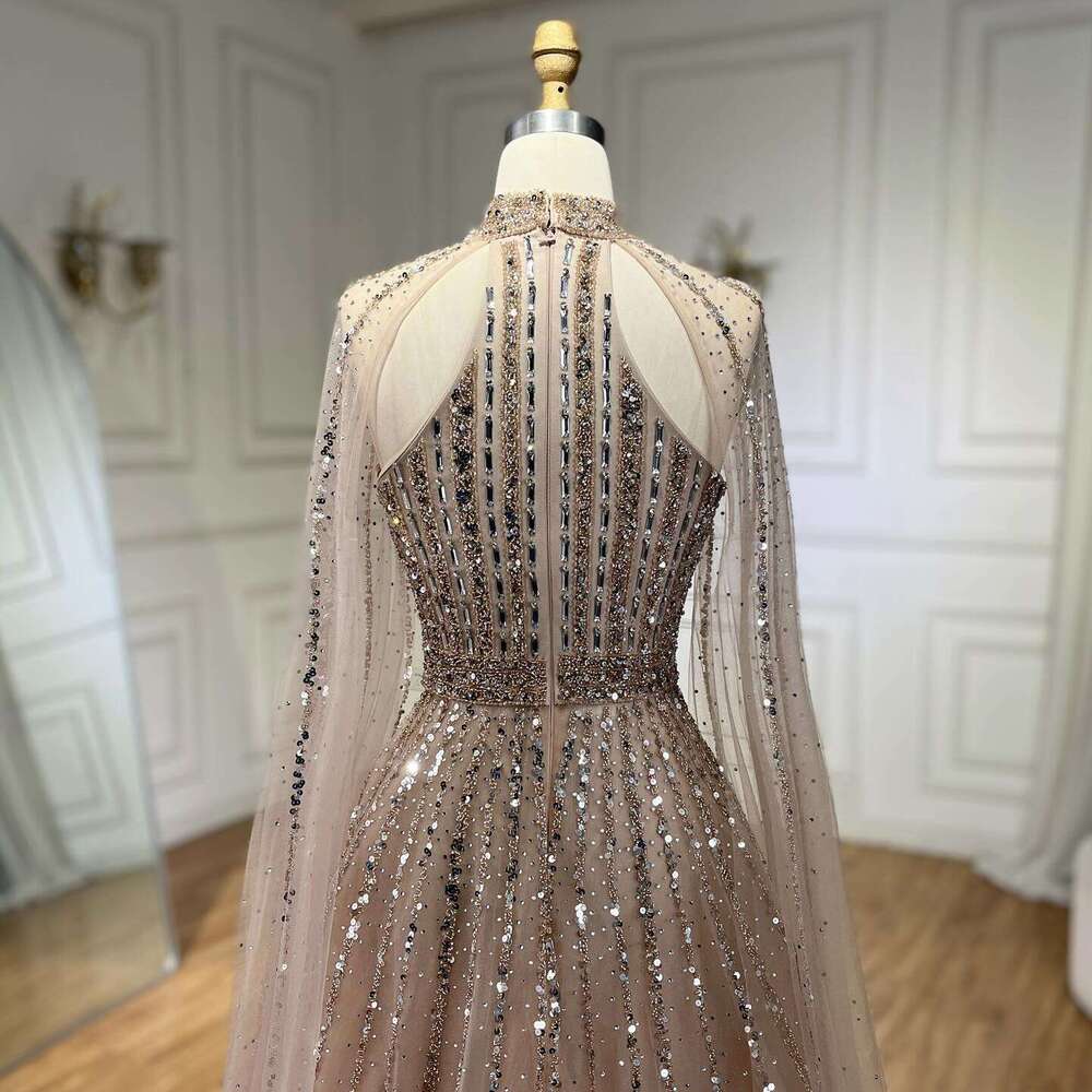 SERENE HILL Arabic Caramel A-E Cape Sleeves Beaded Dubai Evening Dresses Gowns For Women Party 2024