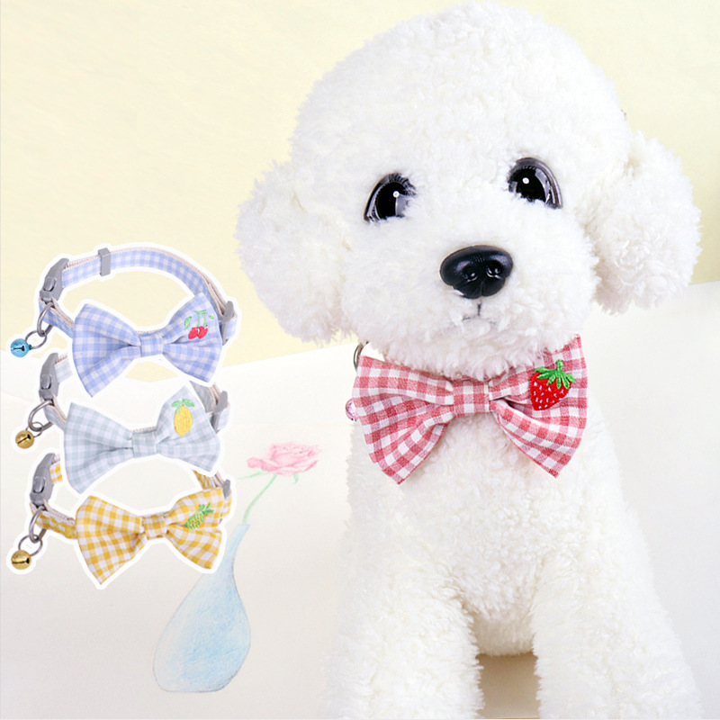 Dog Collar with Bow Fruit Embroidery Pattern and Bells, Adjustable Plaid Pet Collar for Cute Cats and Puppies Pet Accessories