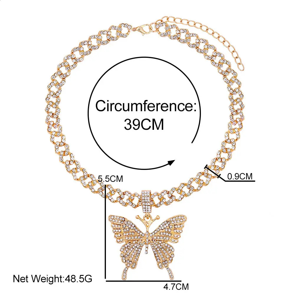 HipHop Pink Blue 9MM Cuban Link Chain Necklace for Women Iced Out Crystal Butterfly Pendant Choker Necklace Fashion Jewelry Gift 240903