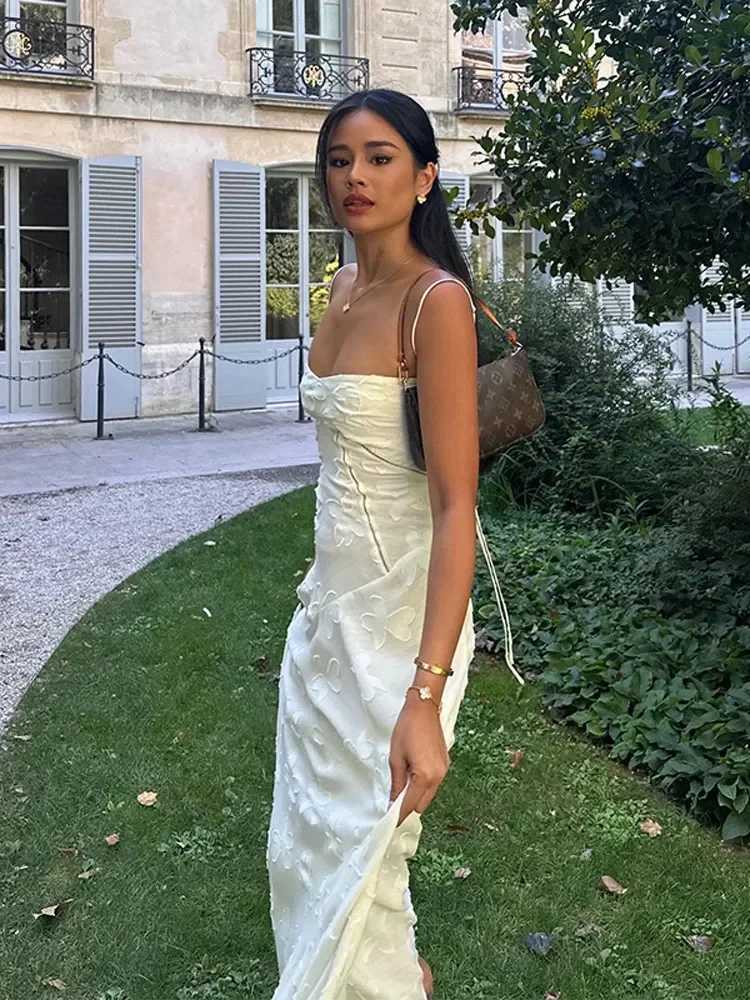 White Floral Print Wrap Waist Spaghetti Strap Maxi Dress Women Sexy U Neck Sleeveless Backless Long Robe Elegant Party VestidosX240912