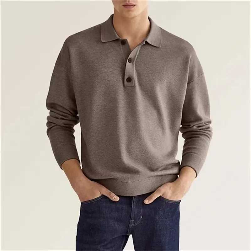 Men 2024 Autumn New Lapel Solid Color Casual Long Sleeve V Button Mens High Quality Fashion Shirt POLO ShirtX240912
