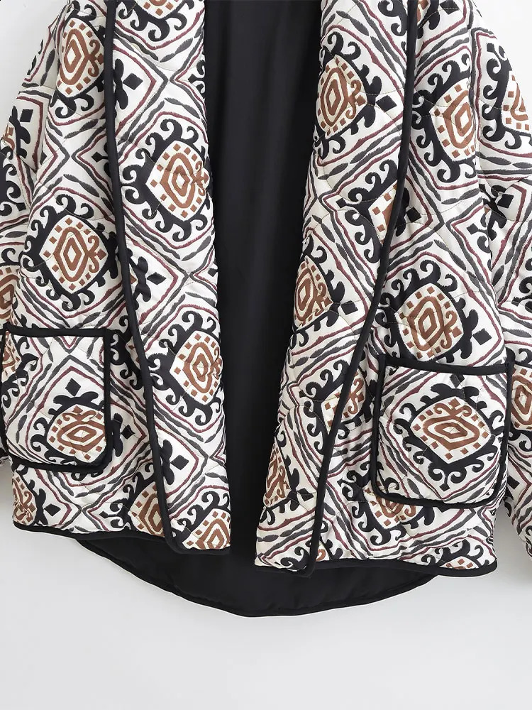 Lapel Printed Short Cotton Jacket Women Long Sleeve Warm Pocket Cardigan Coat Thick Autumn Winter Fashion Female Street Outwear 240910