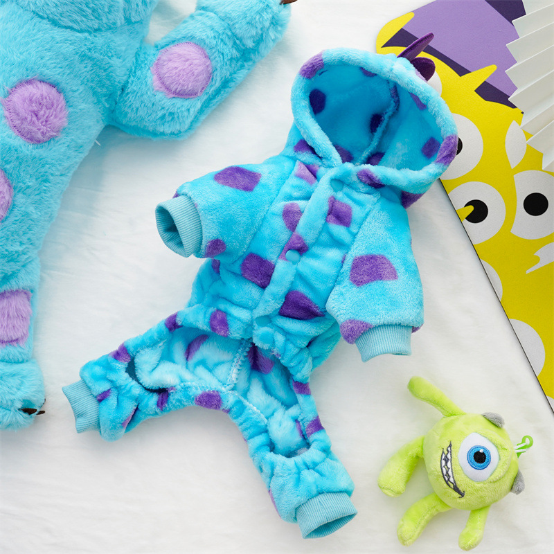 Pet Clothing Dog Cat Autumn and Winter Thickened Warm Blue Dinosaur Hooded Coat Puppy Costume For Small Medium Dogs