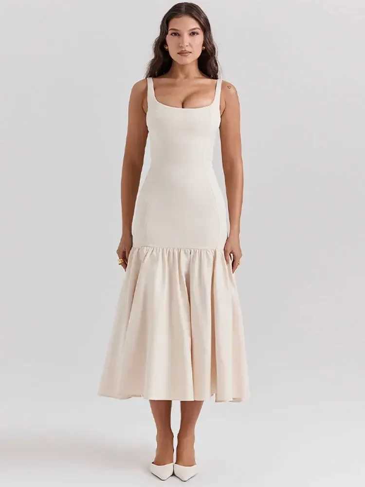 Women Fashion Solid Pleated Hem Maxi Dress Elegant Square Neck Sleeveless Backless Long Dresses 2024 Summer Lady Party VestidoX240912