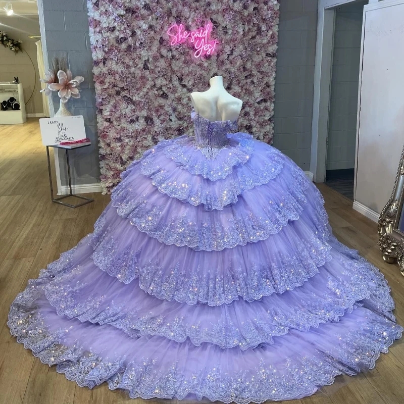 Lavender Mexican Quinceanera Dressess Luxury Applique Lace Beads Crystal Bow Tull Tiered vestido 15 quinceaneras Corset Lace Up Swee 16 Dress