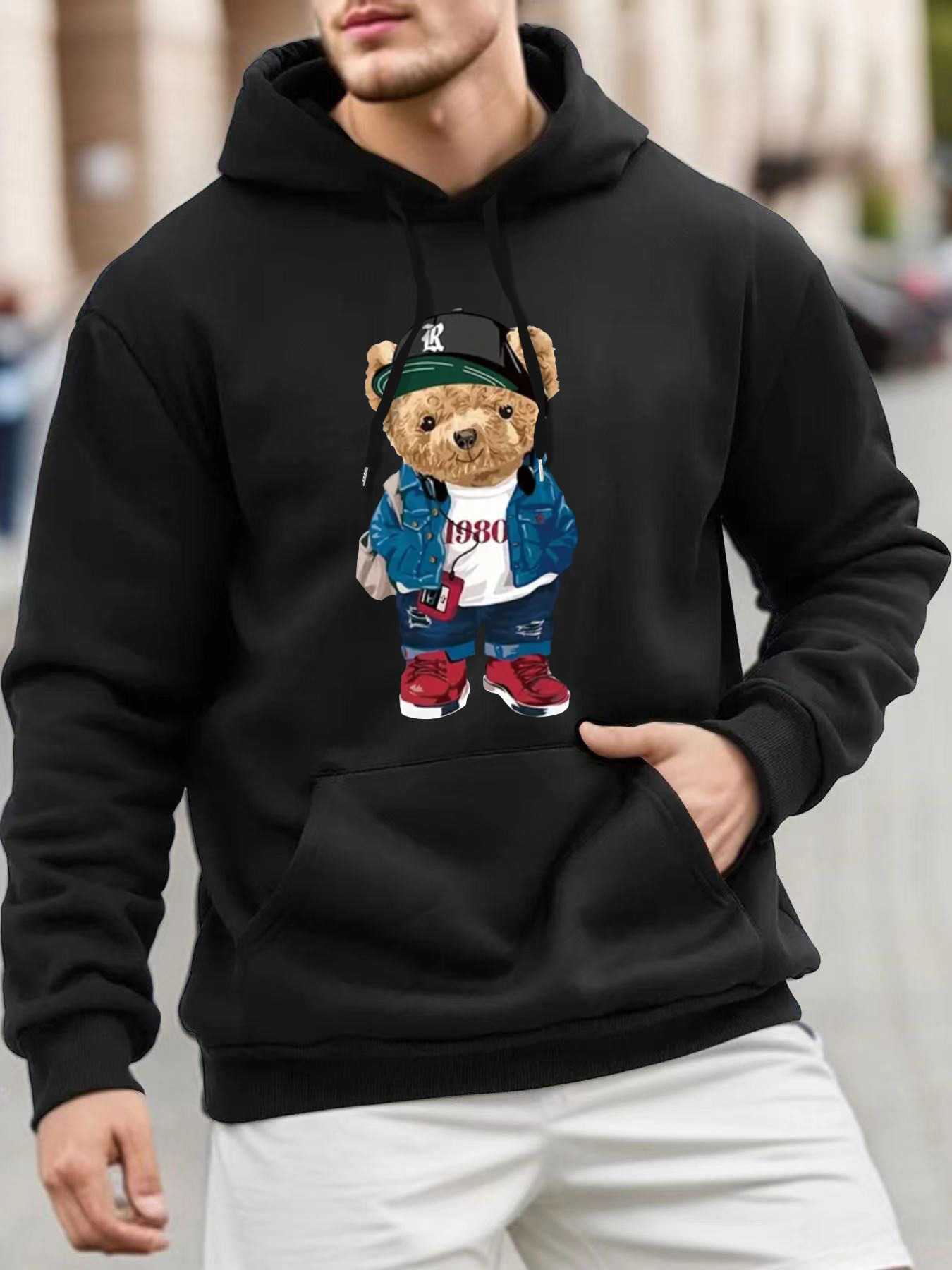 Adorable Bear Print Versatile Long Sleeve Comfy Hooded Sweatshirt Casual Top For Spring Autumn Men's Clothing Outdoor