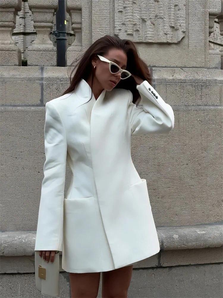 Women's Jackets Elegant White Stand Collar Coat For Women Fashion Long Sleeve Pocket Blazer Jacket 2024 Autumn Winter Office Commuting Coats