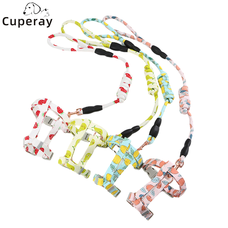 Adjustable Cat Harness Leash Set, Escape Proof Cat Harness H Shape Cat Harness Fruit Print Pattern for Cat Kitten Puppy Walking
