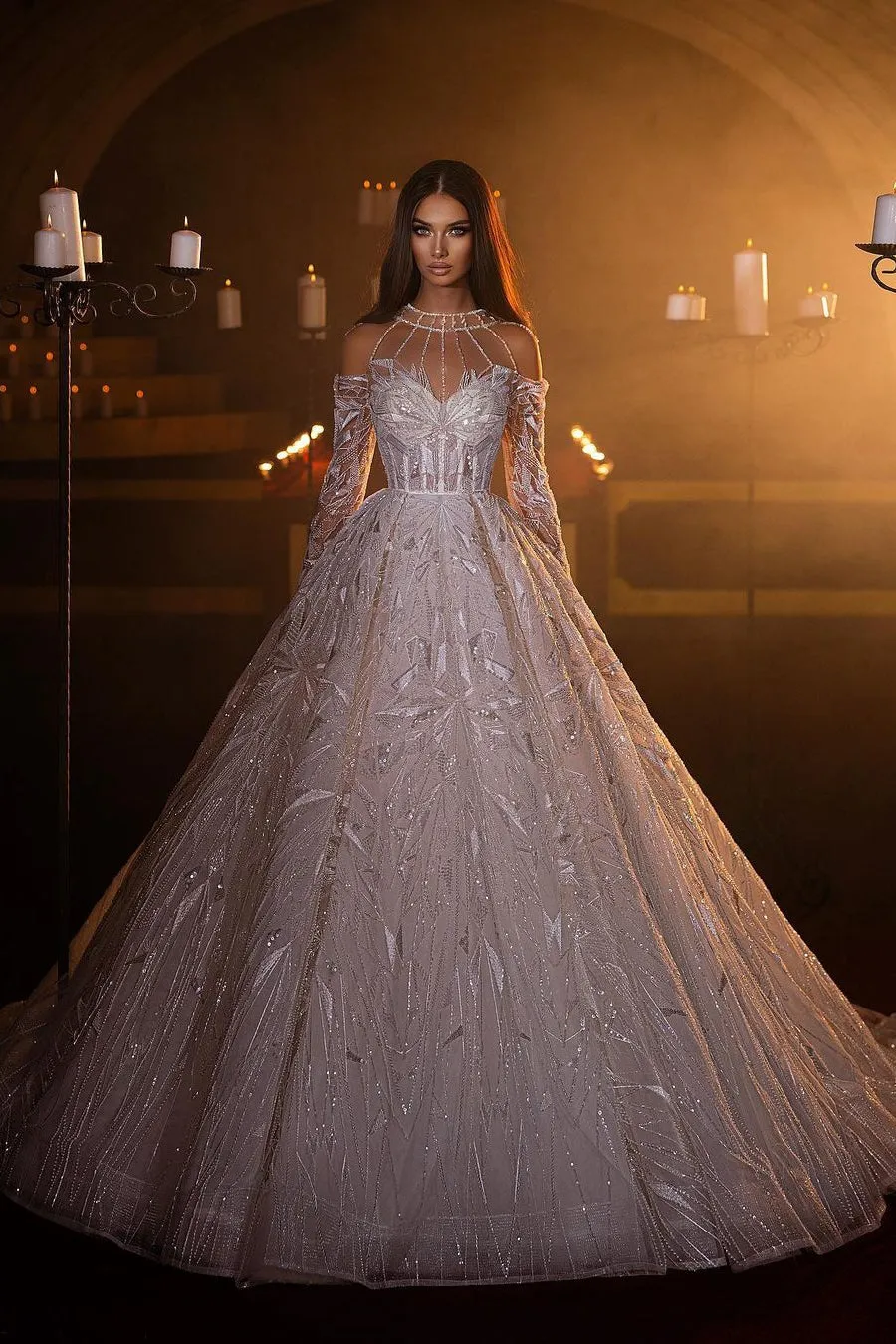 Designer A e Women Wedding Sheer Neck Long Sleeves Bridal Gowns Sequins Sweep Train Dress Custom Made vestidos de novia