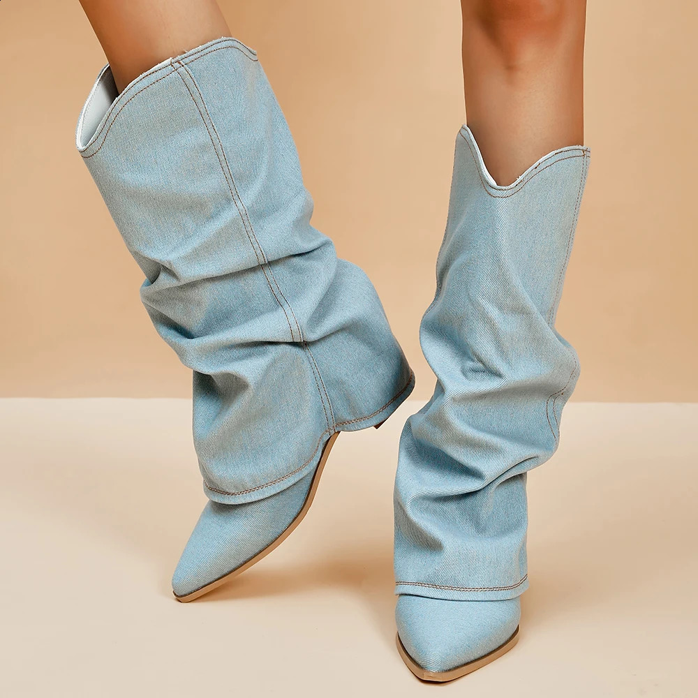 Pleated Block Heels Denim Boots for Women Autumn Pointed Toe Women High Knee Boots Plus Size Fashion Cowboy Woman Boots 240911