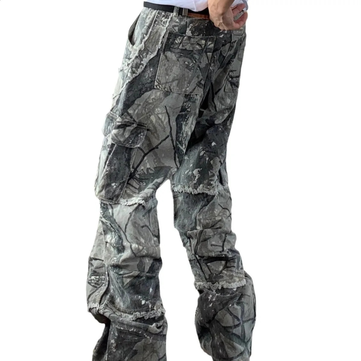 American hiphop fashion camouflage high waisted cargo pants mens multi pocket straight runner wide leg backpack Trouser 240912
