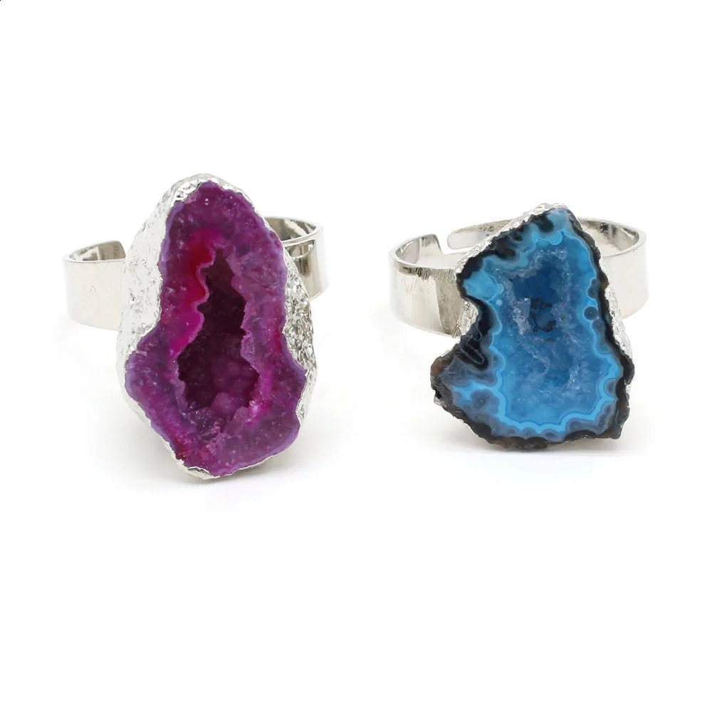 Natural Stone Ring Zinc Alloy Agate Crystal Cluster with Adjustable Size for Ladies Fashion Jewelry Gifts 240906
