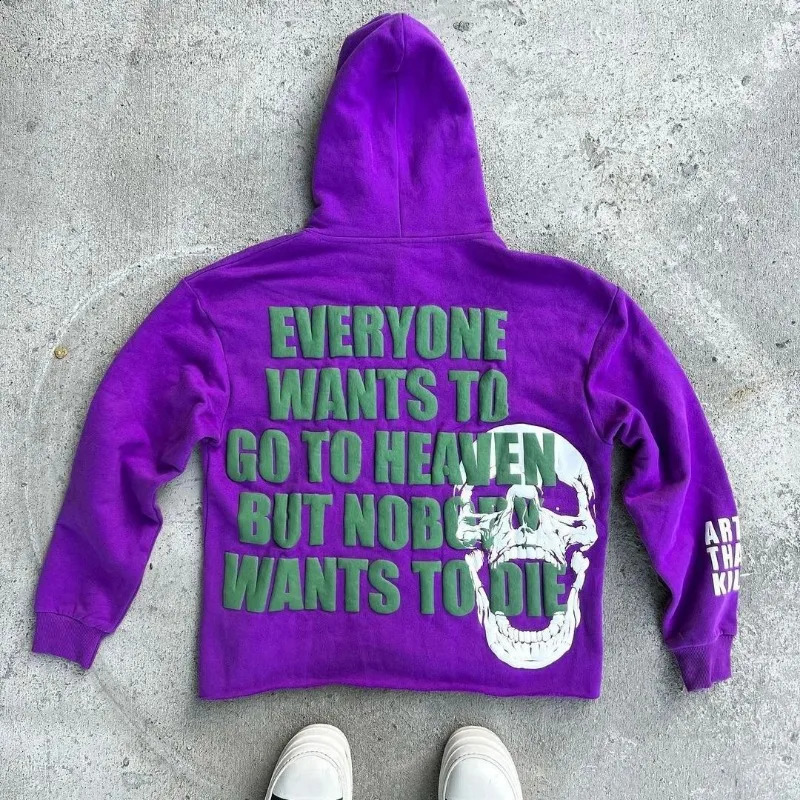 Y2K Harajuku Style Fashion Letters Skull Print Sweater Hoodie Men High Street Vintage Hip Hop Casual Sports Hoodies 240911