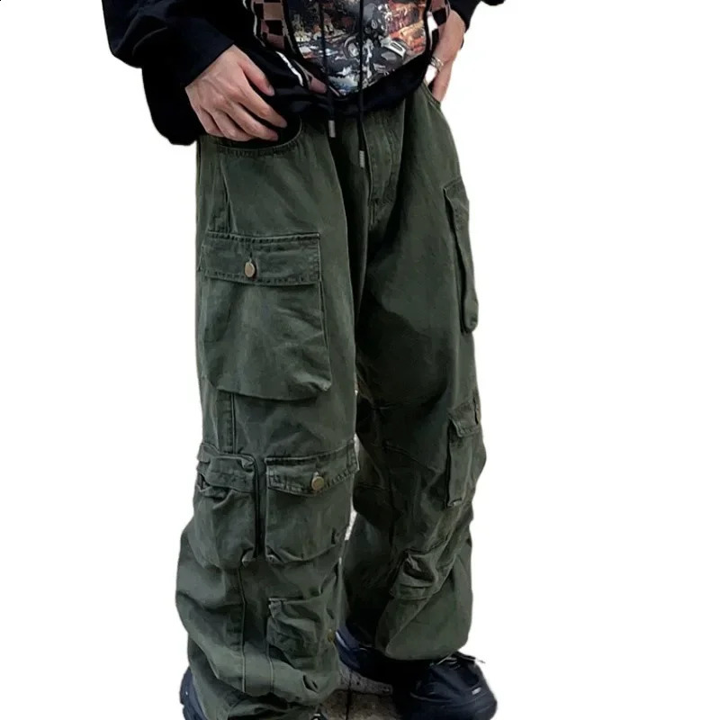 Retro American style multi pocket cargo pants mens fashion brand street straight leg loose fitting floor wide leg mens 240911
