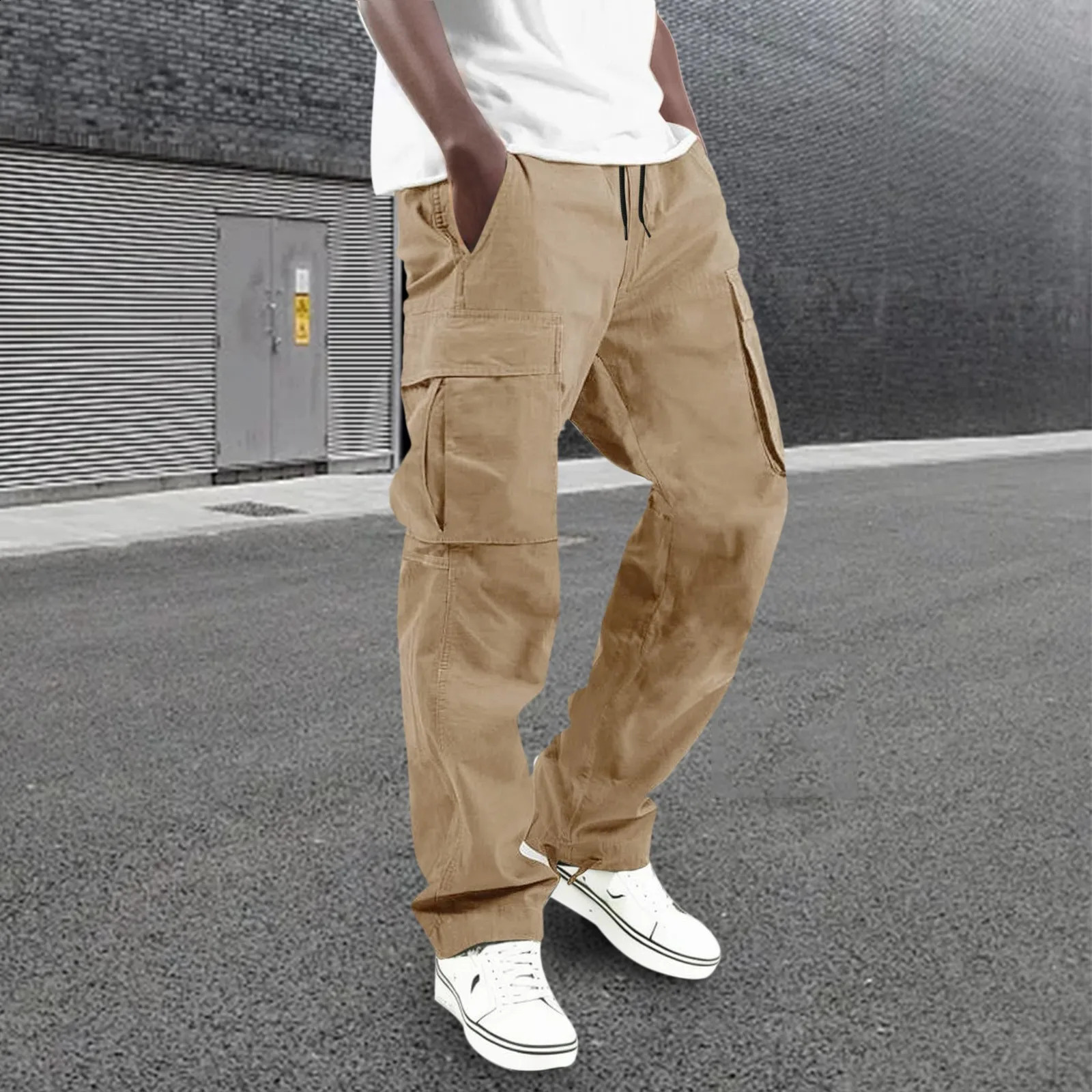All Seasons Streetwear Mens Trousers Fashion Multi Pocket Cargo Pants Baggy Pants Solid Colour Casual Drawstring Trousers 240911