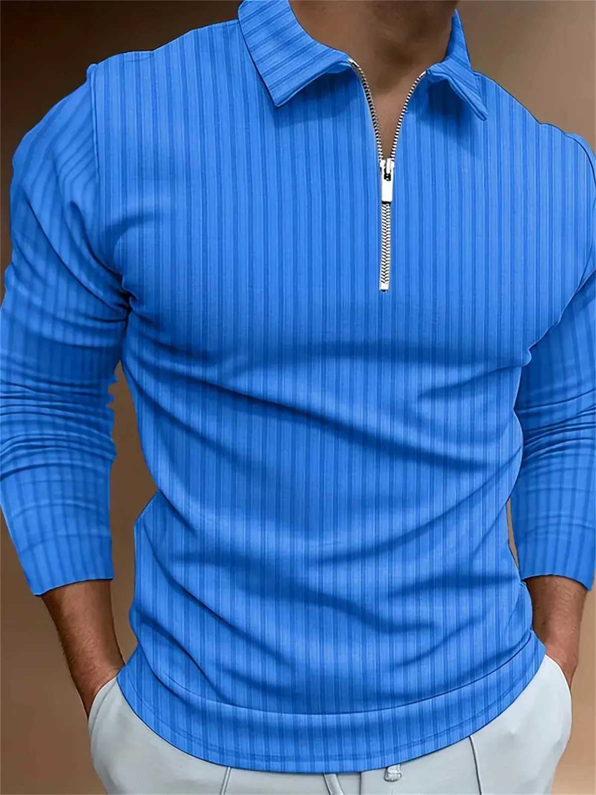 New Trend Fashion Simple High-end Solid Color Business Office Casual Striped Lapel Long Sleeve Mens POLO ShirtX240912