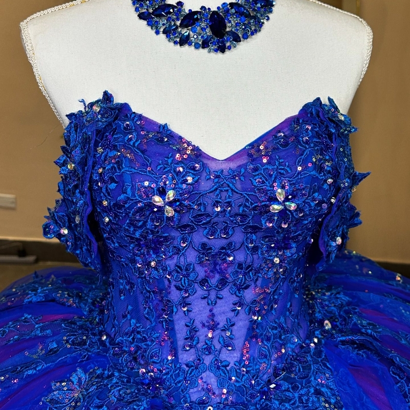 Royal Blue Shiny Ball Gown Charming Quinceanera Dresses Off The Shoulder Applique Lace Beads Tull Sweet 16 Dress Vestidos 15 De Novia