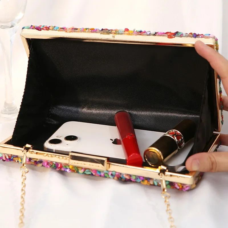 High quality womens colored stone evening bag wedding party wallet with chain banquet telephone crossover y ner 240910