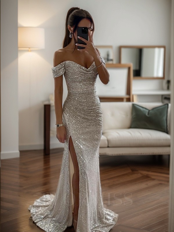 Sexy Off The Shoulder Prom Dresses Long Sequins Strapless Mermaid Formal Evening Gowns Side Split Custom Made Vestido De Novia Plus Size 6660312