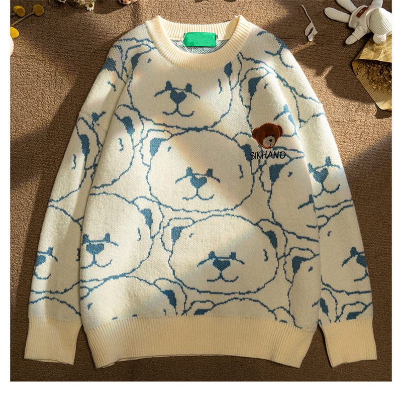 Men Sweaters Little Bear Sweater Mens Autumn Winter Lazy Style Retro Soft Glutinous Gentle Cute Student Milk Pink Knitted Sweater Mens crew neck sweat