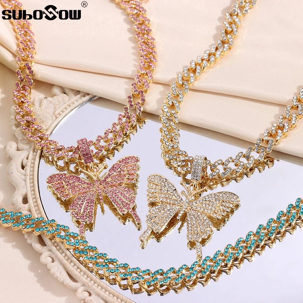 HipHop Pink Blue 9MM Cuban Link Chain Necklace for Women Iced Out Crystal Butterfly Pendant Choker Necklace Fashion Jewelry Gift 240903