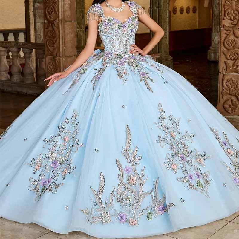 Princess Ball Gown Quinceanera Dresses Off The Shoulder Sequined Applique Lace Beads Crystal Bow Tull Sweet 16 Dress Vestido 15 De