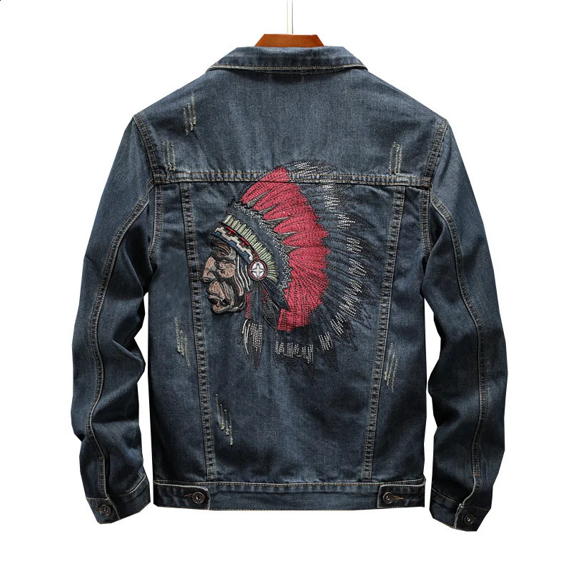 Prowow Fashion Streetwear Mens Jacket Retro Blue Indian Chieftain Embroidered Cow Jacket Mens Size M-6XL Hip Hop Punk Jacket 240906
