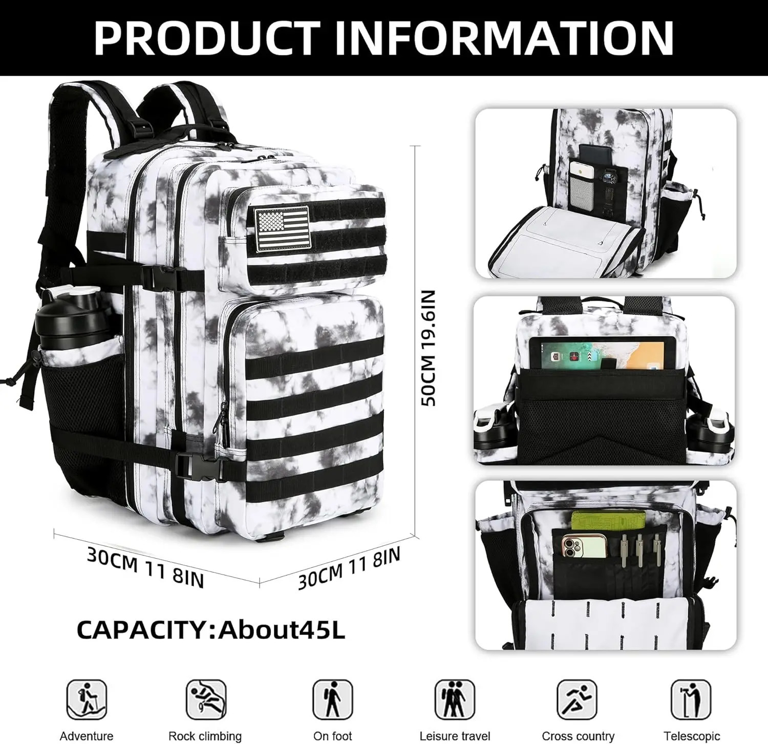 45L Tactical Backpack 3P Bag with Water Bottle Pocket Outdoor Hiking Pack Waterproof Climbing Rucksack Camping Trekking Mochila 240910