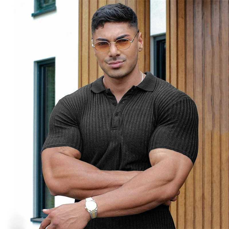 Men Short Sleeve Knitted Polo Shirt Fitness Slim Fit Black Strips Polo T-shirt Male Brand Gym Tees Tops Summer Fashion ClothingX240920