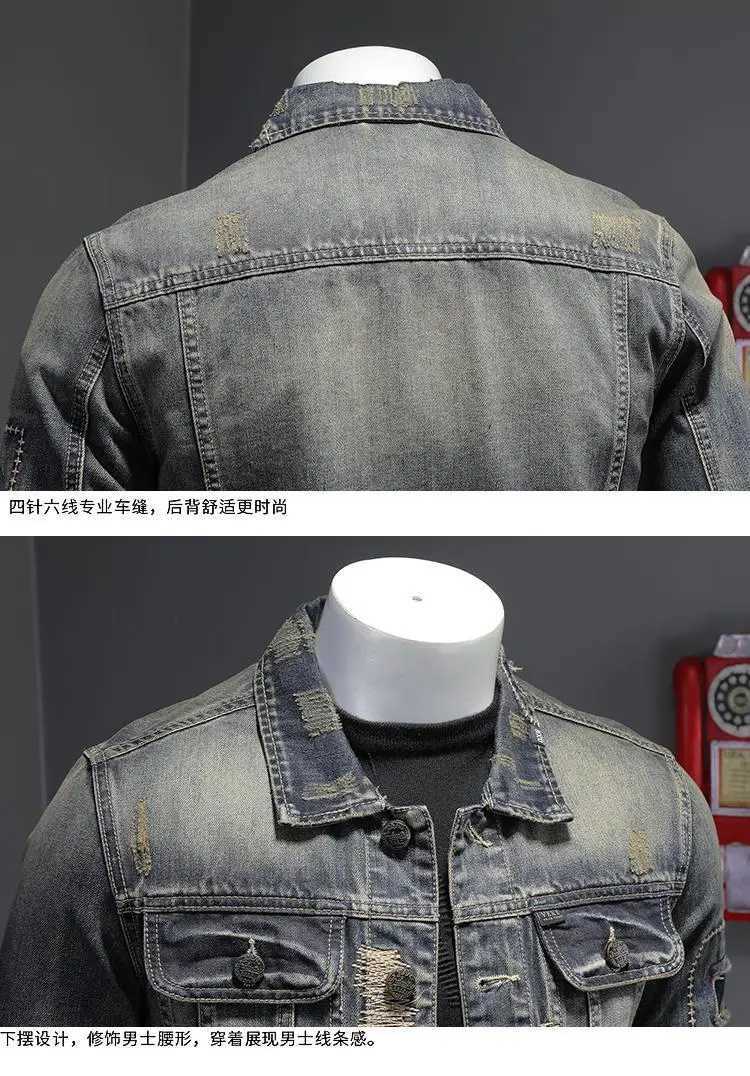 New mens denim jacket retro trend loose casual street denim jacket high street fashion hole ultra-thin lapel denim jacket W241011