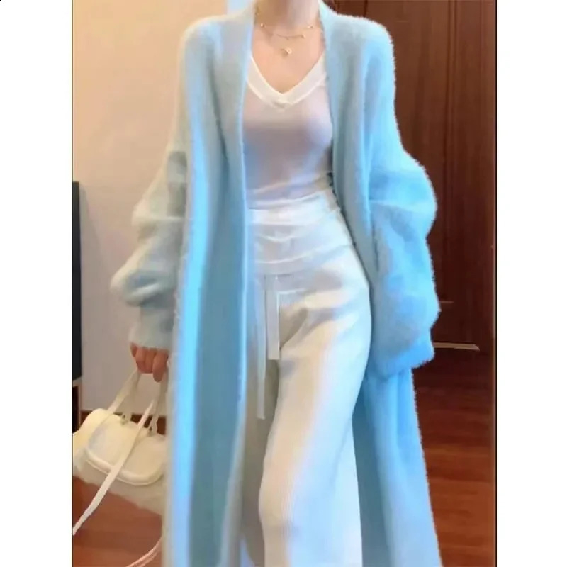 High Quality Soft Style Knitted Sweater Jacket For Womens Autumn And Winter Vintage Long Blue Pink Faux Mink Cardigan