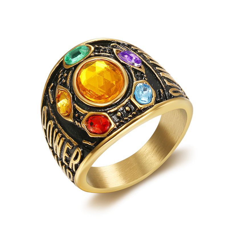 Hip Hop Colorful Rhinestone Casting Ring Titanium Steel Gold Plated Mens Jewelry