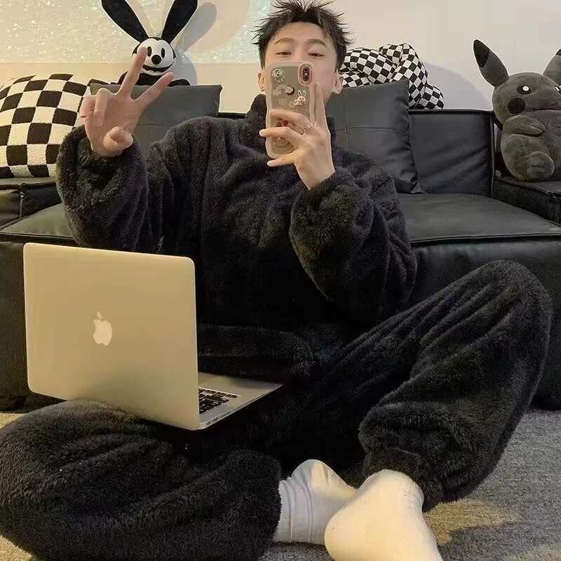 Winter New Coral Fleece Warm Man Pajamas Round Neck Cardigan 2 Piece Outfit Set Mans Fashion Solid Color Pajama Sets for Man Y240913