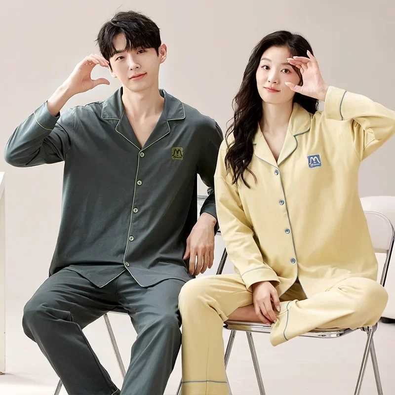 Korean Cotton Nightwear Couples Spring Men Long Pajamas Women Cardigan Fashion Loose Sleepwear Solid Pjs Pyjamas pijama mujer Y240913